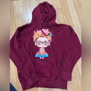 Burgundy Hoodie with Frida Kahlo Graphic size L